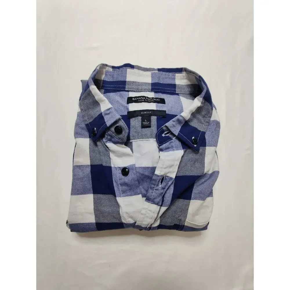 Banana Republic Men's Blue Plaid Long Sleeve Dress Shirt